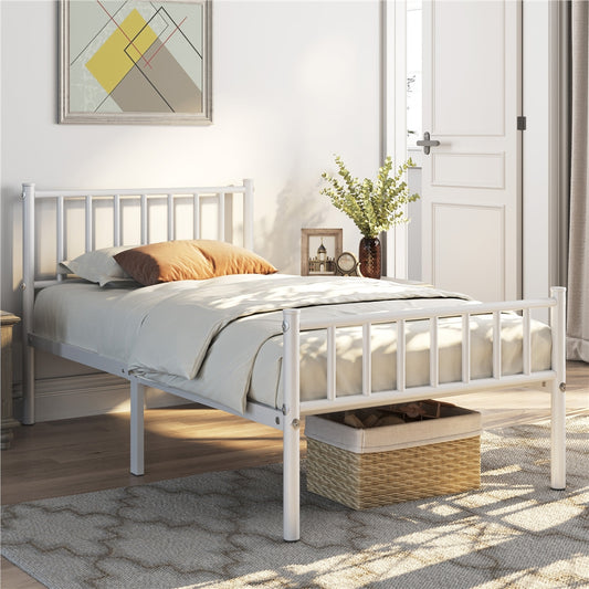 ALDEN DESIGN Bed Frame, Metal Platform Bed Frame, Minimalist Metal Bed Frame with Vertical Bar Headboard and Footboard, Underbed Storage, Bedroom, Farmhouse Metal Bed Foundation for Guest Room, Loft, Condo, Apartment, White/Black, Twin/Full/Queen Size
