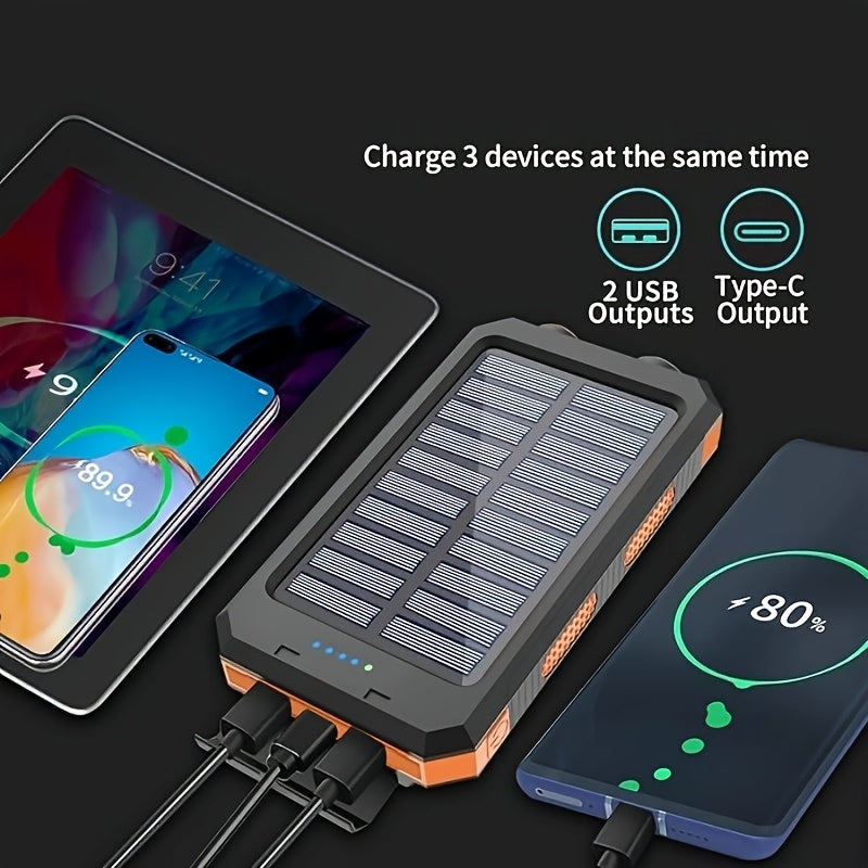 Solar Charger, 10000mAh Solar Power Bank, External Backup Battery Pack With USB C Input/output/LED Flashlight, Compatible With Samsung, IPad, Suitable For Outdoor And Camping Quick Charger With Dual USB Ports, Built-in LED And Compass