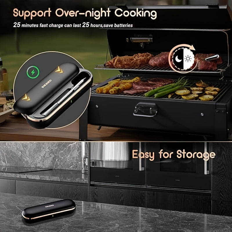 1pc/2pcs 328Ft/100M Wifi Wireless Meat Thermometer, BBQ Thermometer with 2 Sizes Food Grade Stainless Steel Probes, 28 Meat Menus, WIFI Unlimited Range, Temperature Alarms, Timer, Readable HD LCD Display, for BBQ Cooking, Christmas Gifts