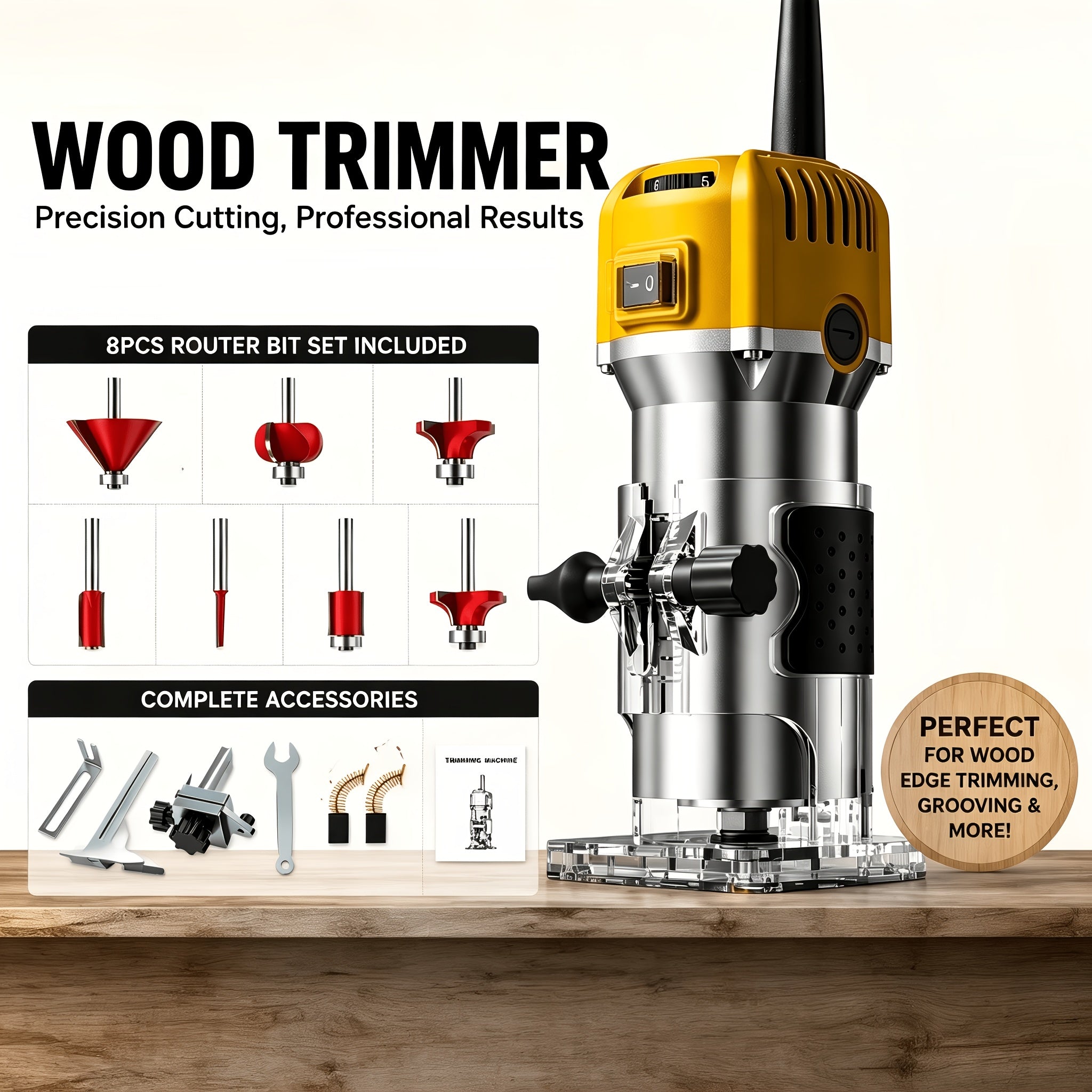 Wood Edge Trimming Machine Kit 800W 35000RPM – Compact Wood Router with Edge Guide & Roller Guide for Precision Trimming, Carving & Woodworking, Includes Milling Cutter Accessories