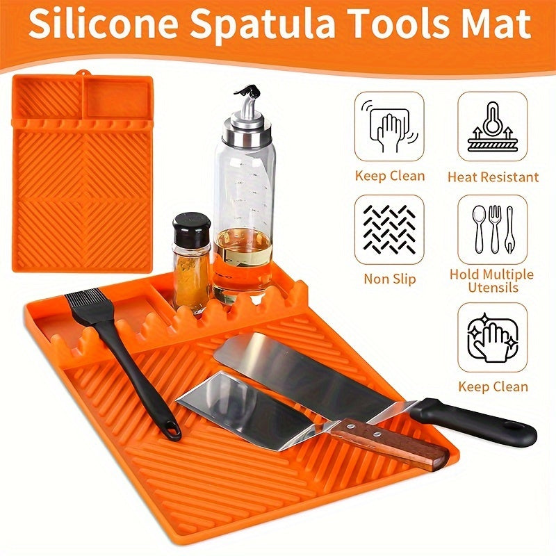 Silicone Grill Mat & Spatula Pad – Heat-Resistant Non-Slip Utensil Holder with Drip Tray for Blackstone Griddle, Outdoor BBQ & Kitchen Counter, 16x11.5", Dishwasher Safe, Orange, 1-Pack 2-Pack