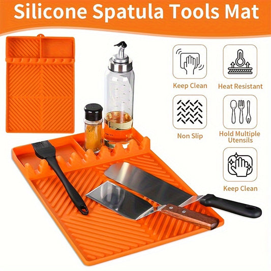 Blackstone Grill Mat - Large Silicone Spatula Pad with Drip Tray/Heat-Resistant & Non-Slip Surface/Utensil Holder for Outdoor BBQ, Kitchen Counter, and Griddle Accessories/Orange/Grilling Essentials|Modern Kitchen Accessory|Durable Silicone Mat, Grill Acc