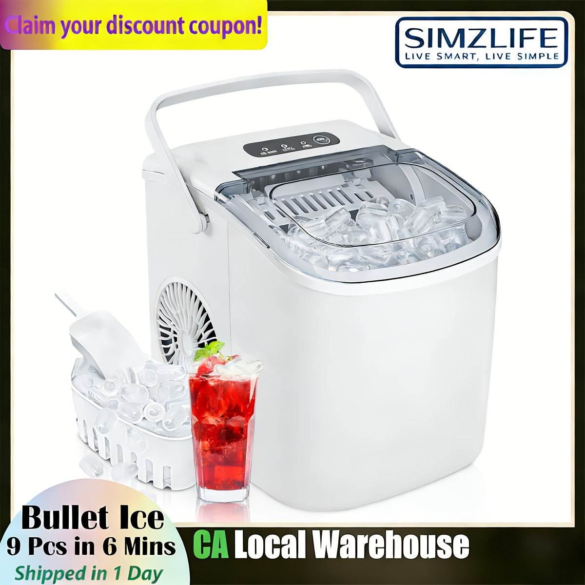 Portable Countertop Ice Maker 26 lbs/24Hr – Makes 9 Ice Cubes in 6 Minutes, Self-Cleaning with Carrying Handle, Ice Basket & Scoop Included, for Kitchen, Camping & RV