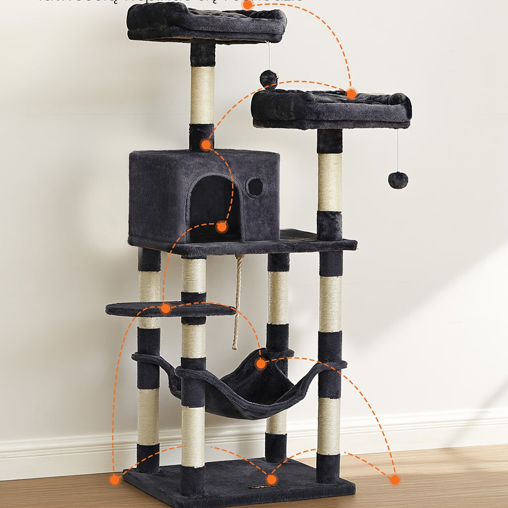 56-Inch Cat Tree Tower with Hammock, Plush Perches & Scratching Post – Multi-Level Indoor Cat Condo for Kittens & Adult Cats, Staircase Design for Easy Climbing