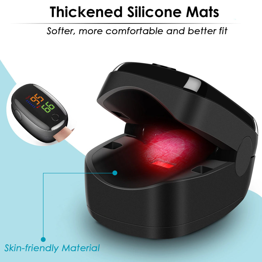 A Portable Fingertip Pulse Oximeter With A Black Design And OLED Display, Designed For Accurate And Rapid SpO2 Readings, Suitable For Heart Rate Monitoring At Home And Outdoors.