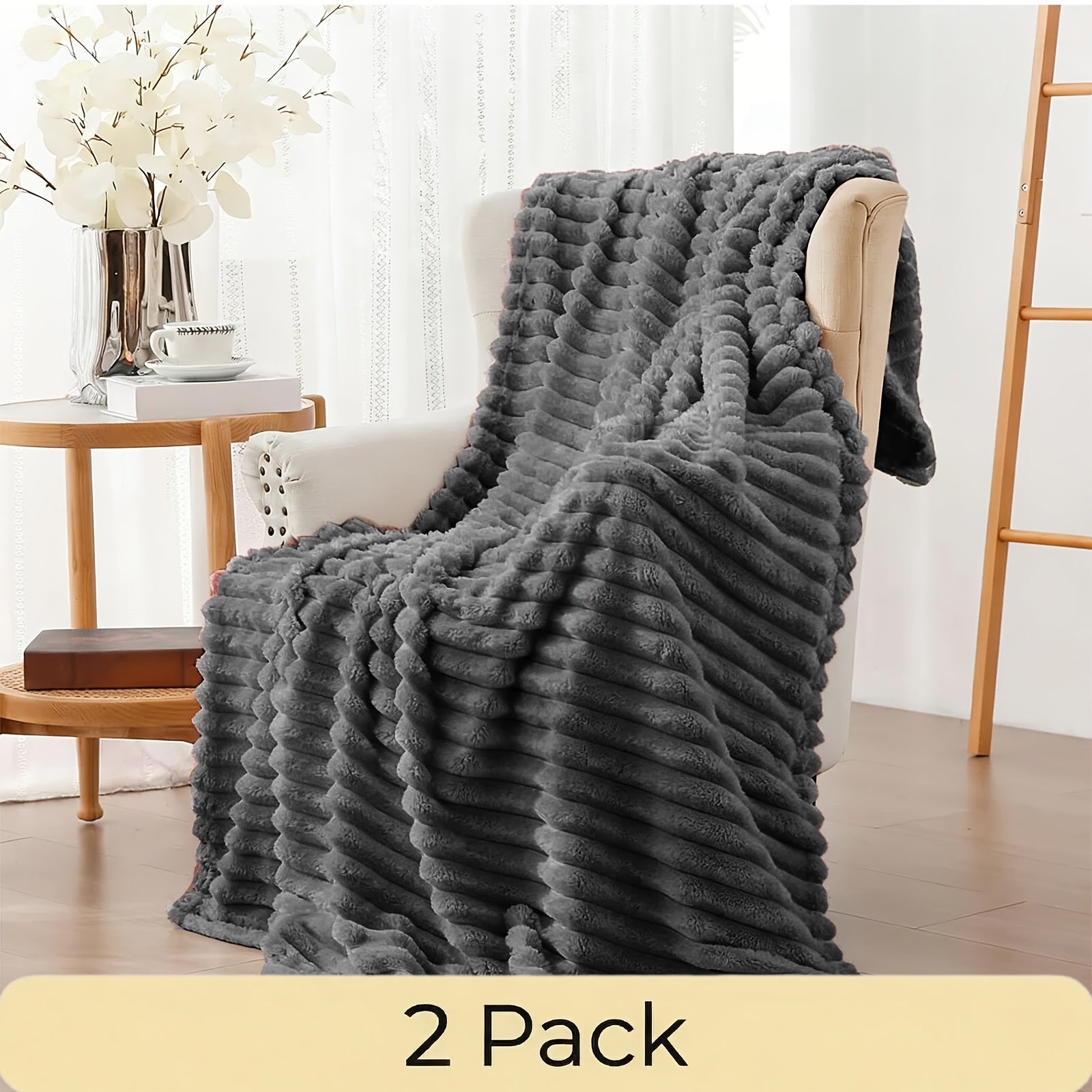 Faux Fur Rabbit Blanket Set of 2 – 260GSM Striped Luxury Plush Throw, OEKO-TEX Certified, Machine Washable, Cozy Sofa & Bed Blanket for Women & Men, Multiple Colours