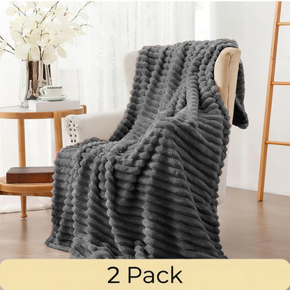 Faux Fur Rabbit Blanket Set of 2 – 260GSM Striped Luxury Plush Throw, OEKO-TEX Certified, Machine Washable, Cozy Sofa & Bed Blanket for Women & Men, Multiple Colours