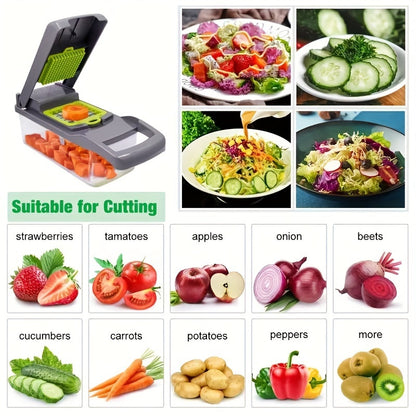 Manual Food Processor 16-in-1 – Vegetable Chopper Slicer Dicer with Grater, Shredder, Strip Cutter & Drain Basket, One-Button Operation, Perfect for Onions, Carrots, Potatoes & Meal Prep