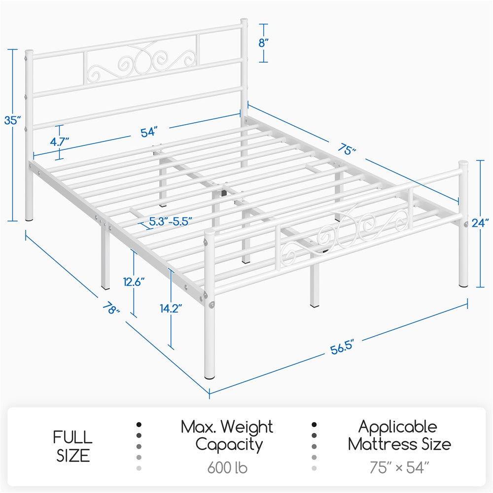 ALDEN DESIGN Bed Frame Metal Platform Bed, Space Saving Metal-Framed Bed, Iron Bed Foundation, Graceful Scroll Metal-Framed Bed, Platform Bed with Headboard and Footboard for Bedrooms, Guestrooms, Dormitories, Black/White/Silver, Twin/Full/Queen Size