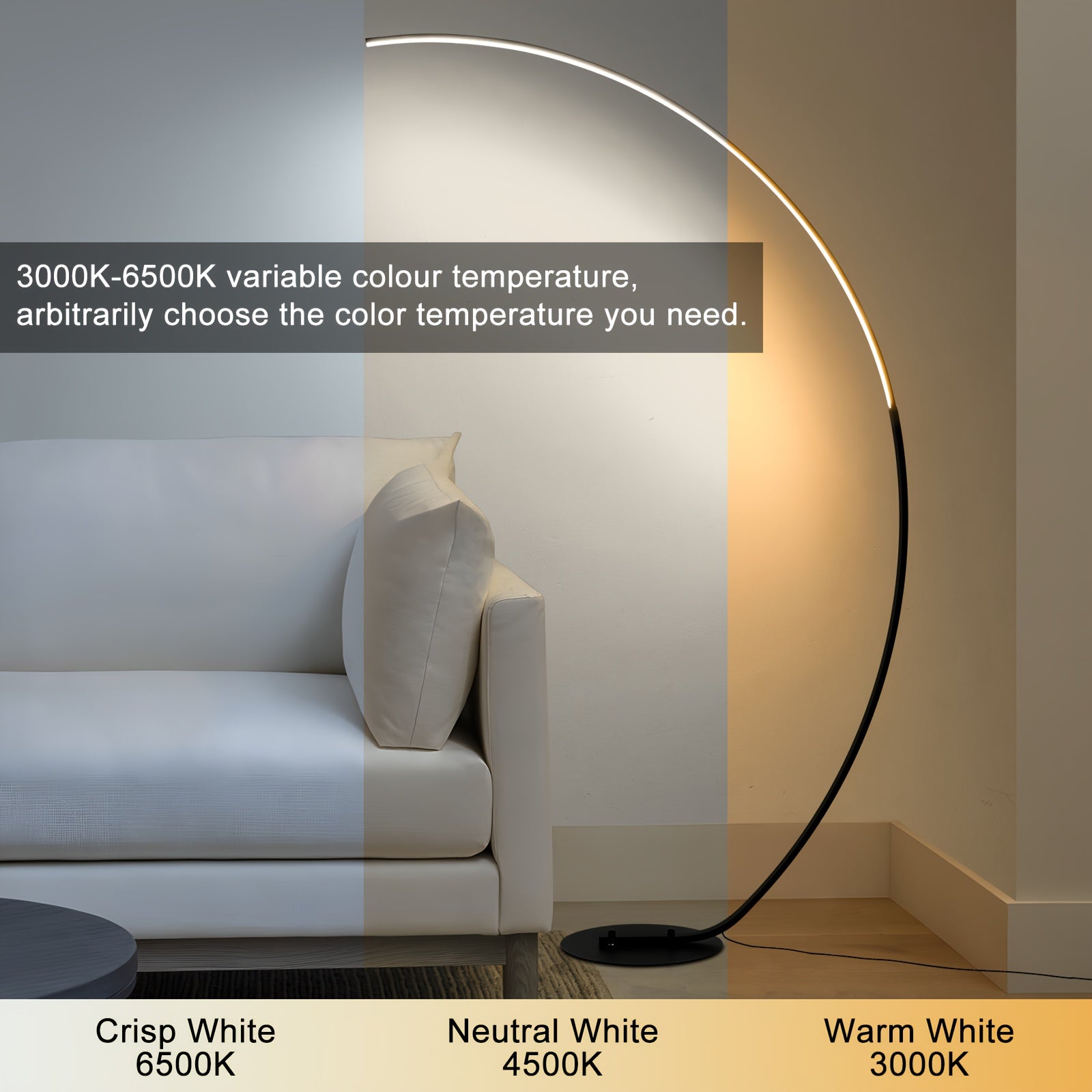 Modern 65 Inch Arched Standing Reading Floor Lamp with Remote - Dimmable Black LED Color Changing Curved Ambient Lighting for Bedroom And Living Room