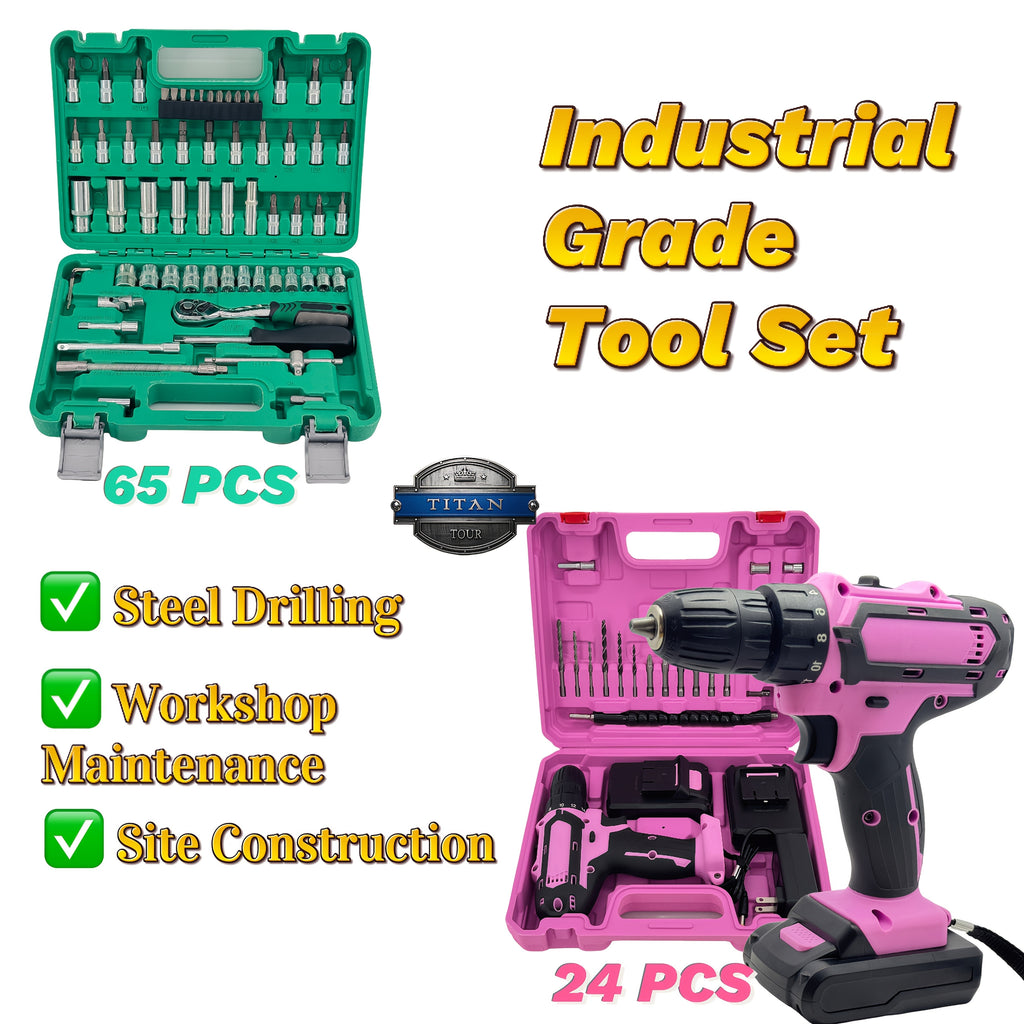 Industrial Power Tool Set 24pcs Pink Brushless Drill OR 65pcs CrV Tool Kit | 21V Dual Li-ion(2×1200mAh) | 18+1 Precision Torque | Steel Construction/Production Maintenance | Professional Anti-Shock Case