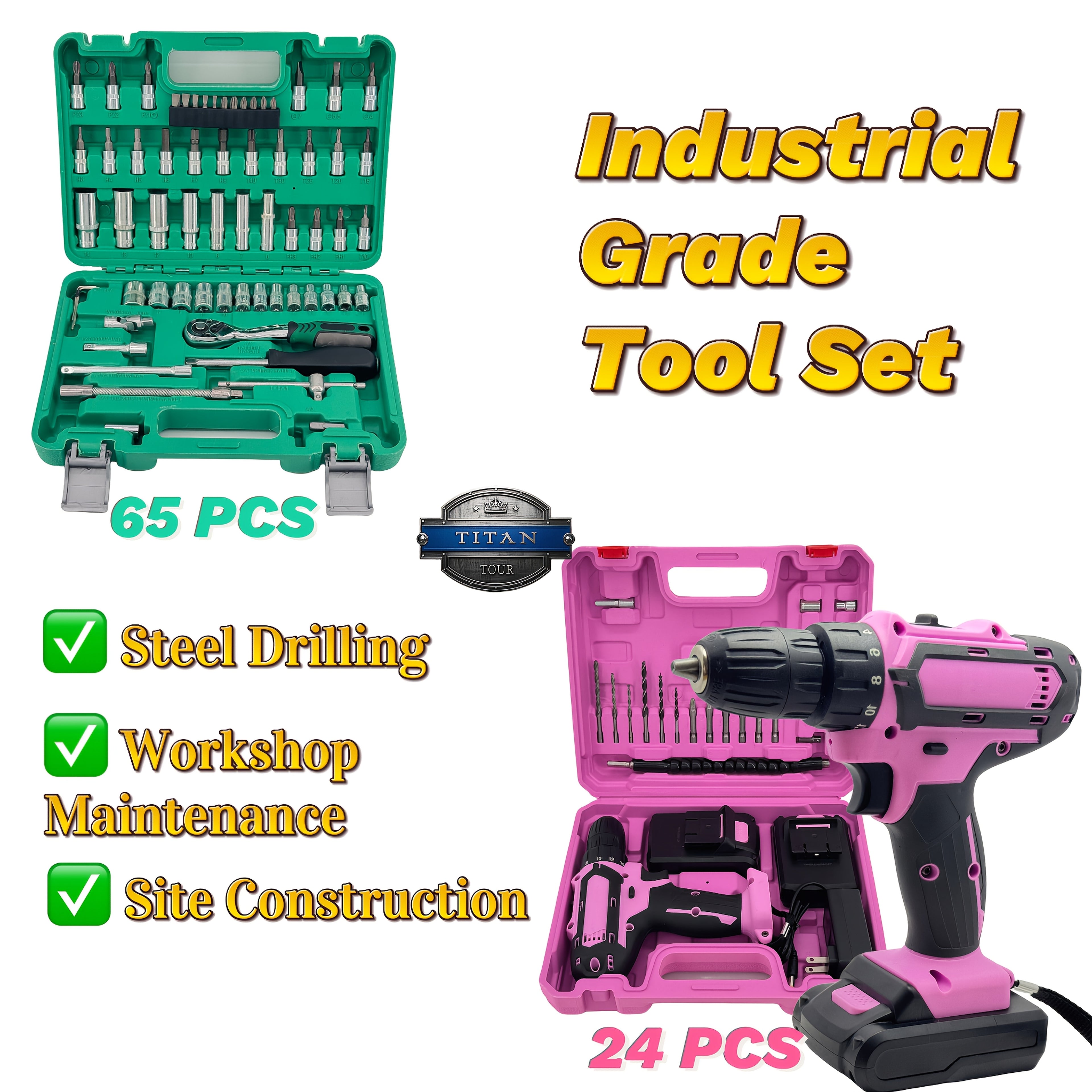 Industrial Power Tool Set 24pcs Pink Brushless Drill OR 65pcs CrV Tool Kit | 21V Dual Li-ion(2×1200mAh) | 18+1 Precision Torque | Steel Construction/Production Maintenance | Professional Anti-Shock Case