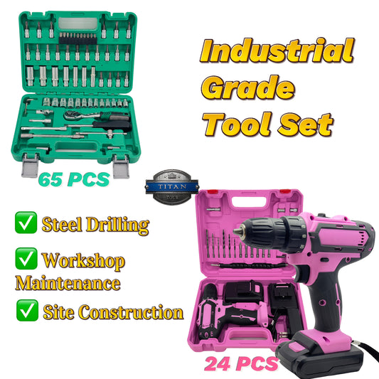 Industrial Power Tool Set 24pcs Pink Brushless Drill OR 65pcs CrV Tool Kit | 21V Dual Li-ion(2×1200mAh) | 18+1 Precision Torque | Steel Construction/Production Maintenance | Professional Anti-Shock Case