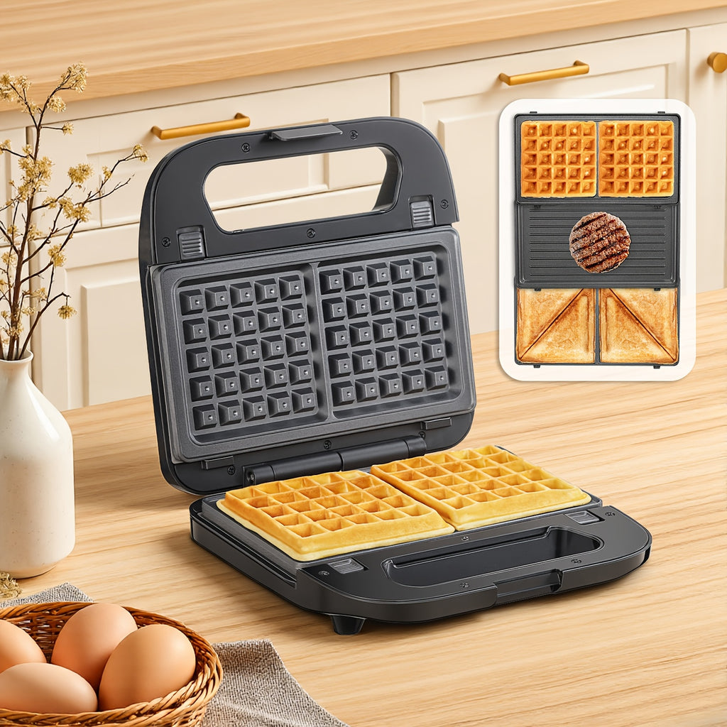 3-in-1 Waffle Maker, Grill & Sandwich Press with Removable Non-Stick Plates – 750W Panini Press & Waffle Iron for Grilled Cheese, Burgers, Steaks & Breakfast, LED Indicator, Dishwasher Safe | ShopVora CA
