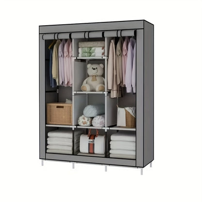 Non-Woven Fabric Wardrobe Closet with 6 Shelves, 2 Hanging Sections & 4 Side Pockets – Dustproof Portable Clothes Organizer 170x128x45CM / 148x56x44CM for Bedroom