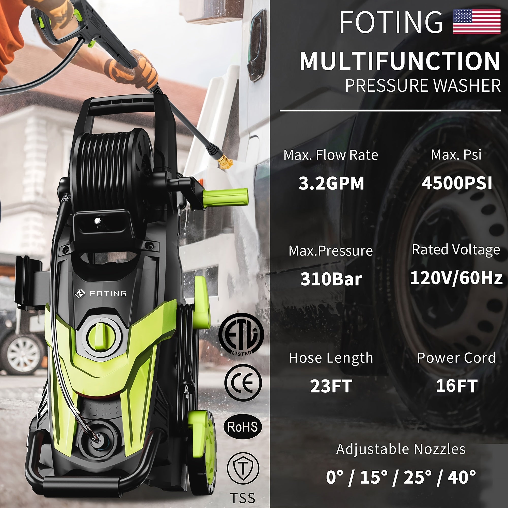 2025Upgraded Electric Pressure Washer, 4500 PSI 3.2 GPM Power Washer with 4 Quick Connect Nozzles, Inlet Hose & Filter& Foam Cannon for Cars/Fences/Driveways/Home Cleaning