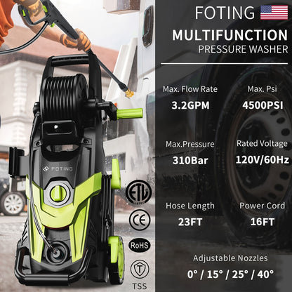 Electric Pressure Washer 4500 PSI 3.2 GPM with Foam Cannon & 4 Quick-Connect Nozzles – Power Washer for Car Washing, Driveway, Fence & Home Exterior Cleaning