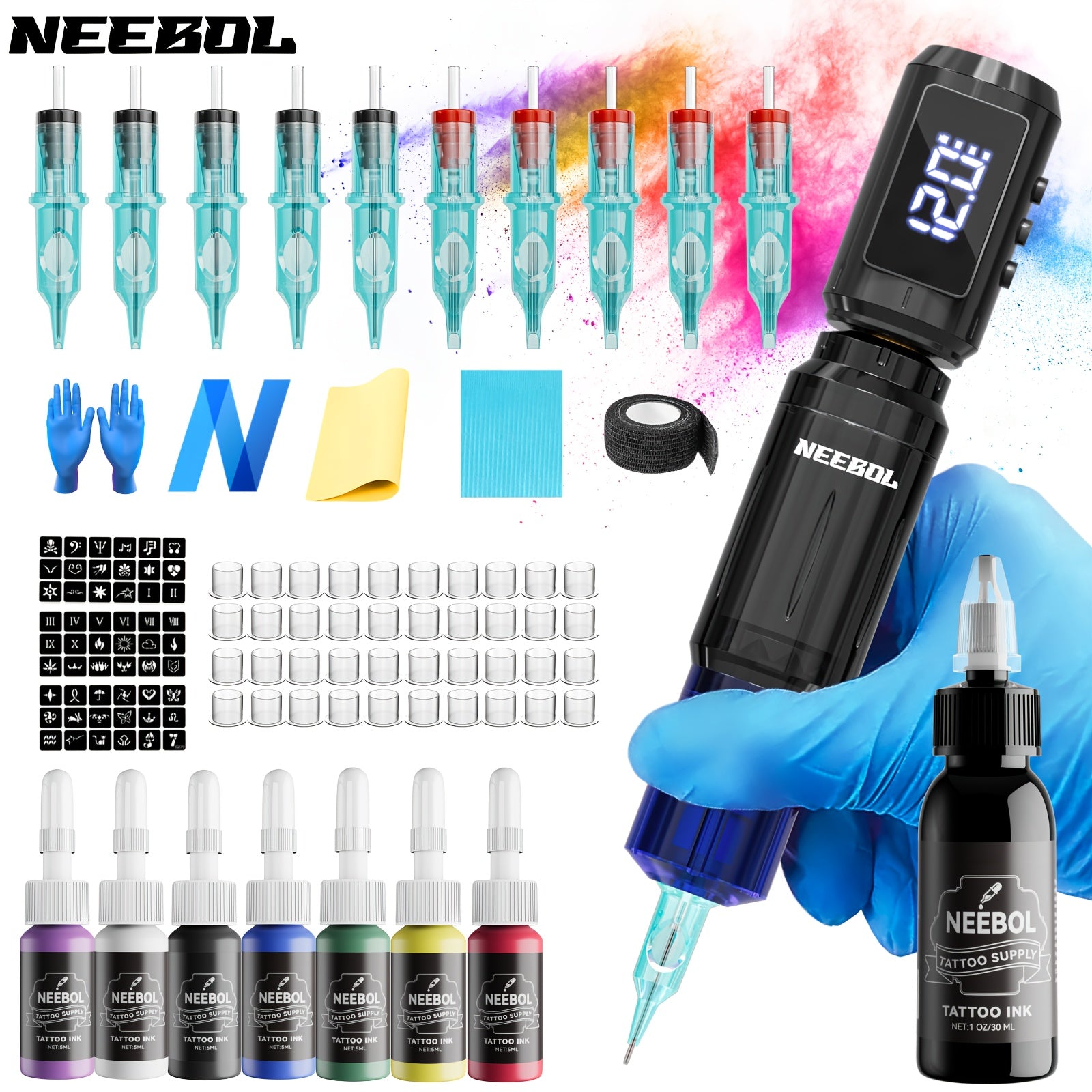 Neebol Wireless Tattoo Machine Complete Kit, Rotary Tattoo Pen, 1500Mah Battery, Tattoo Gun, Tattoo Cartridge Needles, Ink, Full Tattoo Supply Equipment for Beginners And Artists, Body Art Makeup Gift