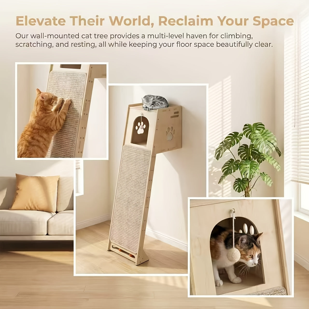 Wall Mounted Indoor Cat Tree Tower for Large Cats And Kittens, 59 Inch Wood Cat Tree with Spacious Cat Cave, Scratching Board And Pom-Pom Toy, Space-Saving Cat Furniture for Small Apartments, Canadian Stock