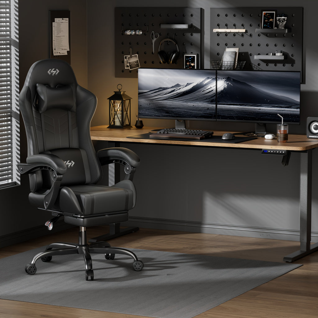 Ergonomic Gaming Chair with Lumbar Massage & Adjustable Headrest, The Most Beloved Christmas Gift for Gamers, High-Back PU Leather Computer Seat with Retractable Footrest and 360° Swivel Base for Home Office, Gaming