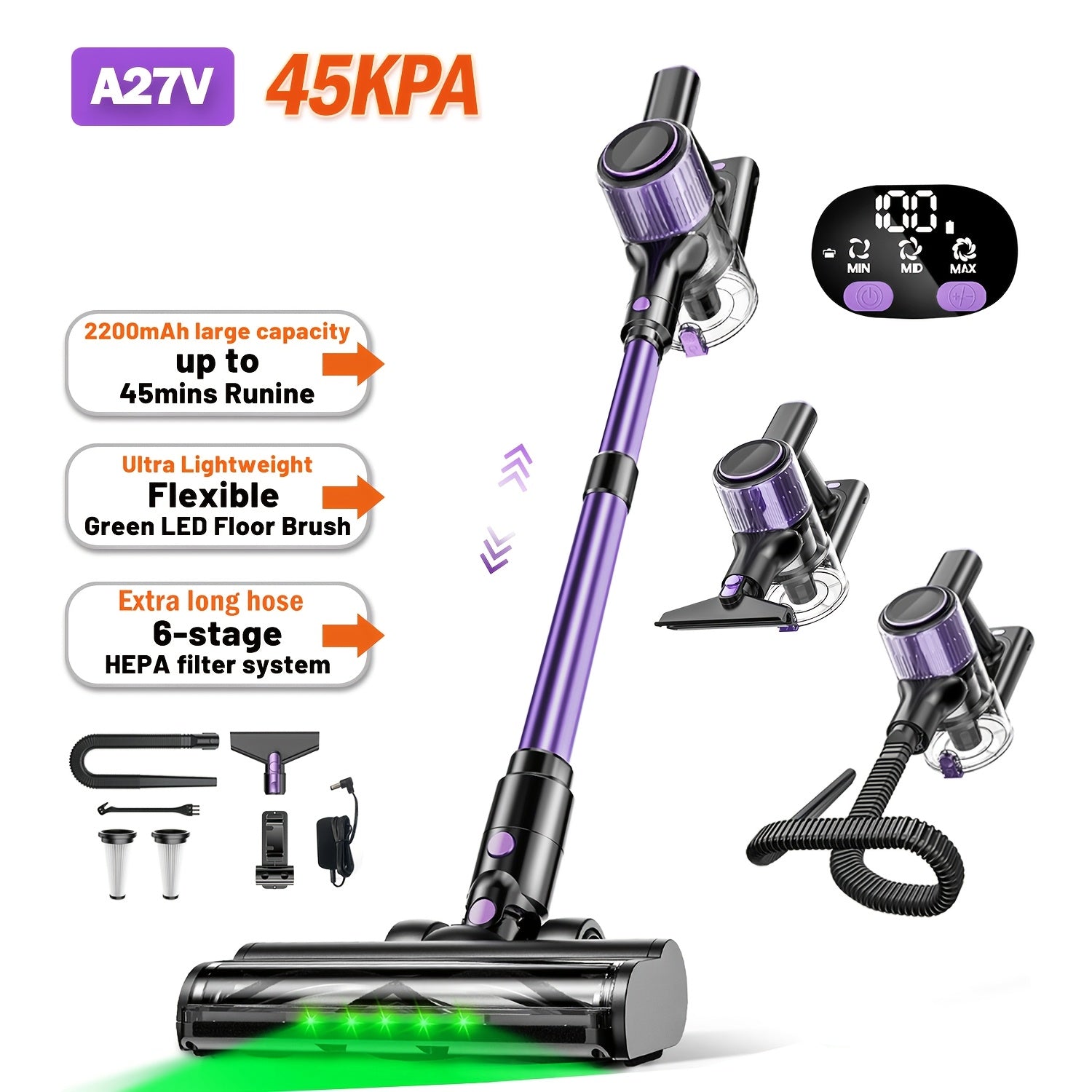 10-in-1 Cordless Stick Vacuum Cleaner with Green Light Detection, Anti-Tangle Brush, 45-Min Runtime, 3 Suction Modes – Lightweight Rechargeable Vacuum for Hardwood Floor, Carpet & Pet Hair