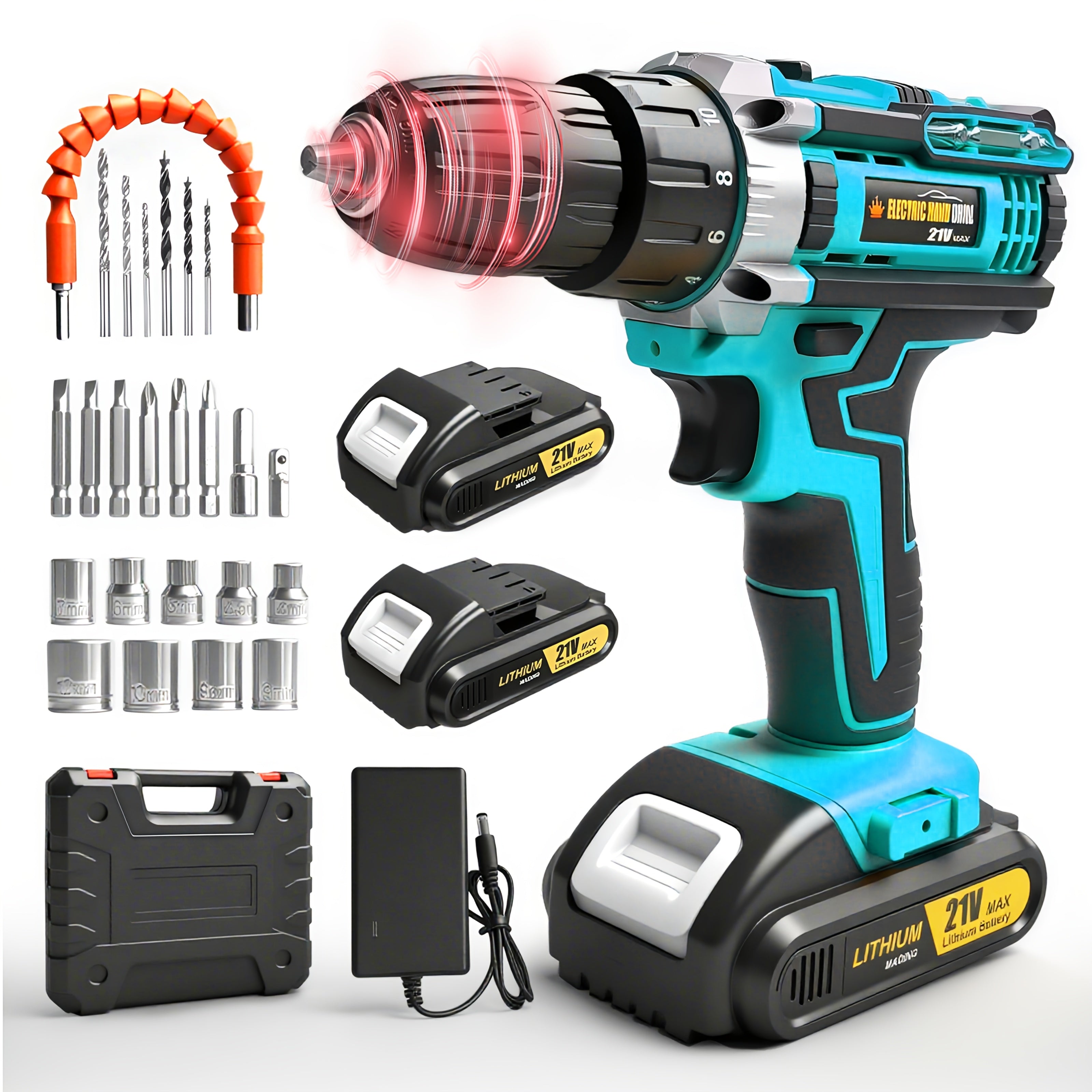 Lithium-ion Cordless Drill Set, Includes Battery and Charger, Features a 3/8-inch Keyless Chuck, Variable Speed, 16-position Settings, and 24 Drill Bits. Available in Red/yellow/blue. Ideal for Home Power Tools and Automotive Repair
