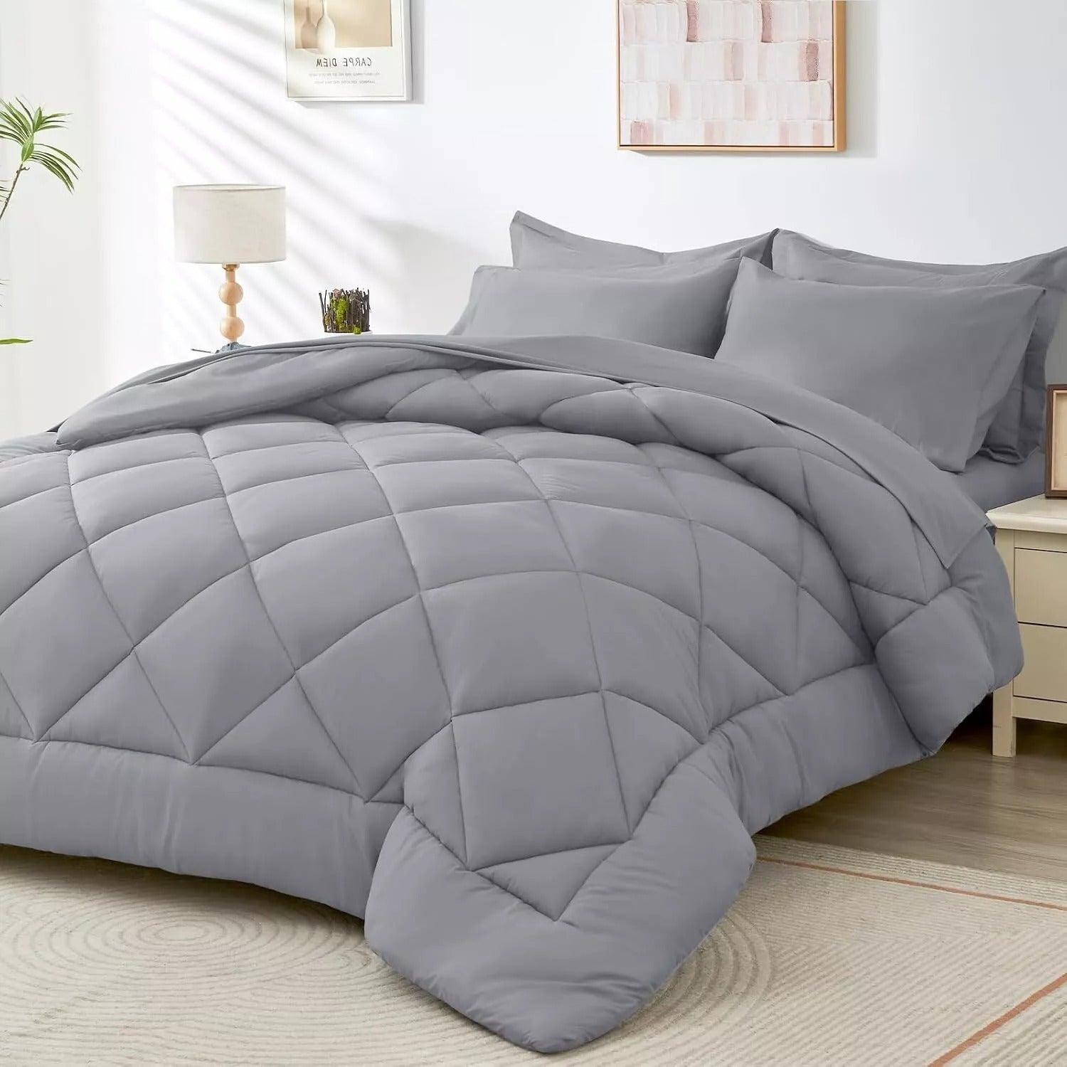 Navy Reversible Comforter Set 7pcs Queen – Fluffy Polyester Bed in a Bag, All-Season Bedding with Comforter, Fitted Sheet, Flat Sheet, Pillowcases & Shams