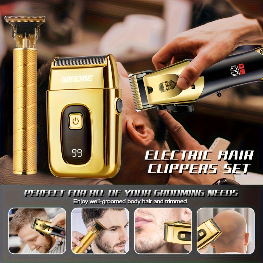WEEME 1pc/3pcs Men's Grooming Kit, Golden Balck Hair Clippers with LCD Display, USB Rechargeable, 8 Guide Combs, Trimmer And Shaver, with Cleaning Brushes And Comb, Perfect Valentine'sGift for Men.