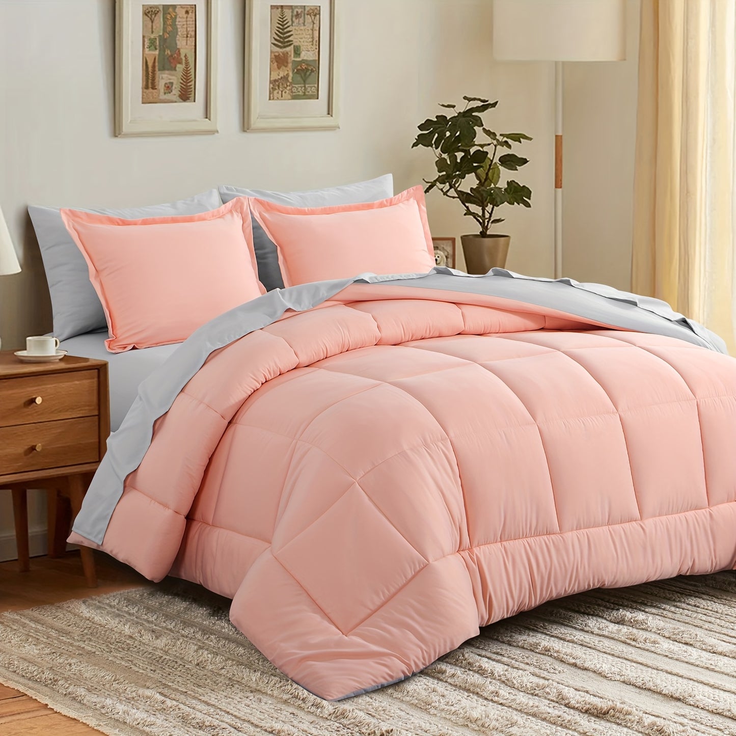 7pcs Reversible Bedding Set Soft Microfiber – Lightweight Breathable Comforter Flat Sheet Fitted Sheet & Pillowcases, All-Season Family Bedding Gift Set