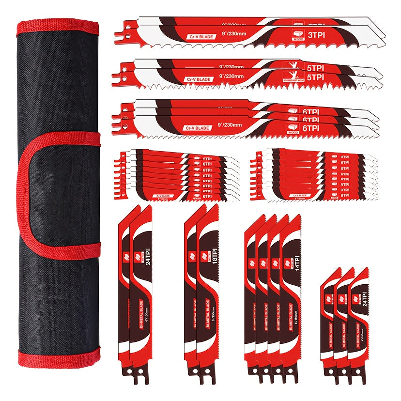 WPM 34pcs Reciprocating Saw Blades Set, Metal & Woodcutting Saw Blades, Saw Blades with Pouch.