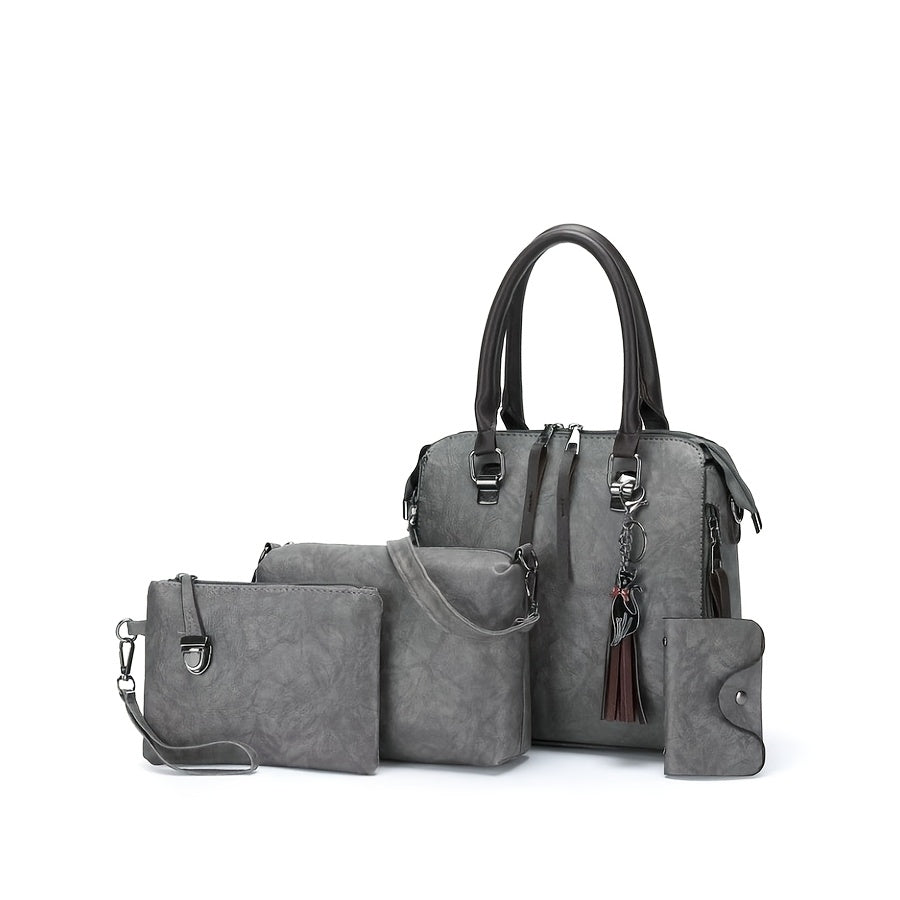 Oil Wax PU Tassel Women's 4-Piece Bag Set – Retro Tote, Crossbody Shoulder Bag, Handbag & Wallet | Large Capacity for Daily Commuting & Travel | Best Birthday, Christmas & Valentine's Day Gift