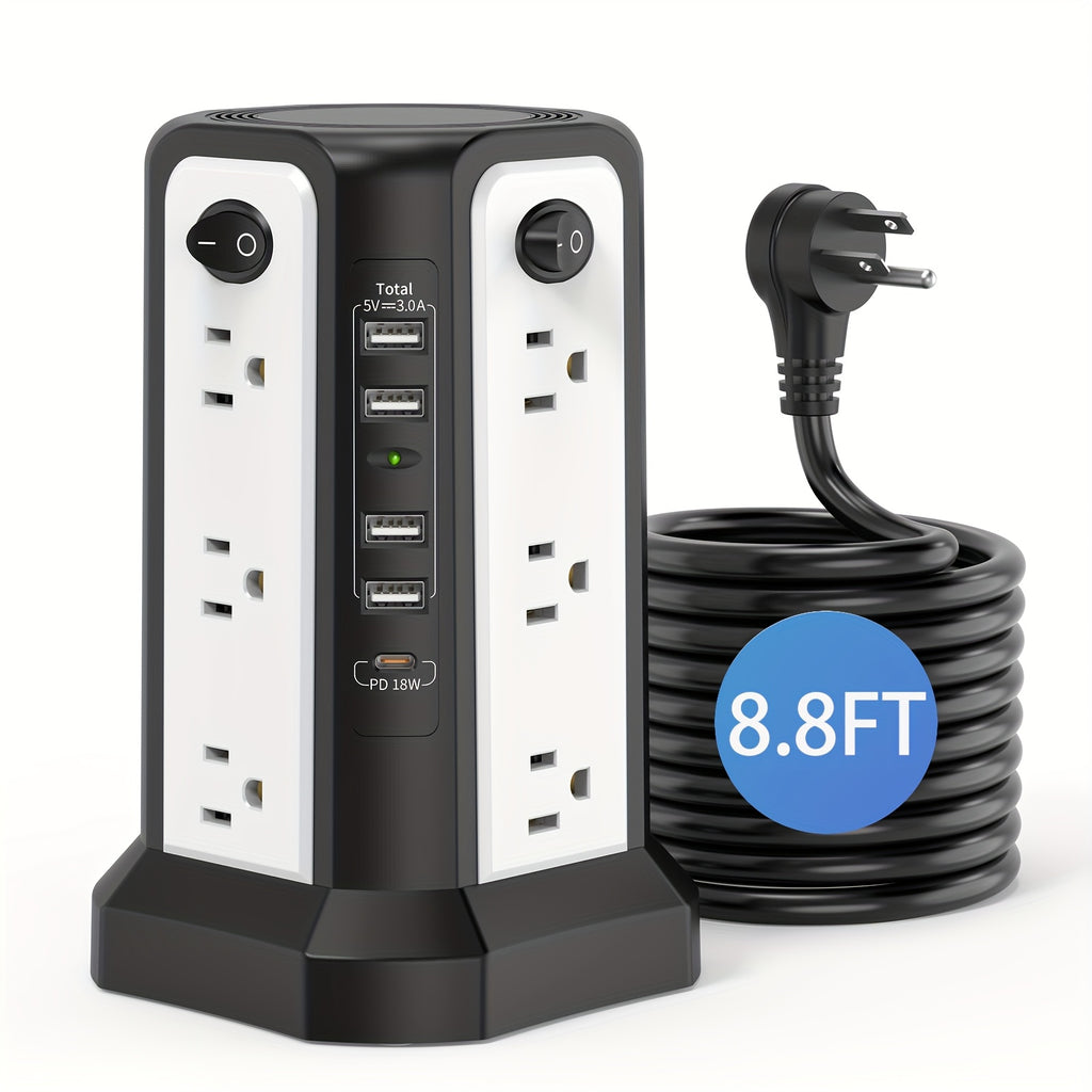 Introducing The Upgraded PASSUS Tower Surge Protector Power Strip with PD18W/20W. It Features a 10.2FT Extension Cord, 12 AC Outlets, And 5 USB Charging Ports, Providing Surge Protection for Your Home, Office, Or Dorm Room
