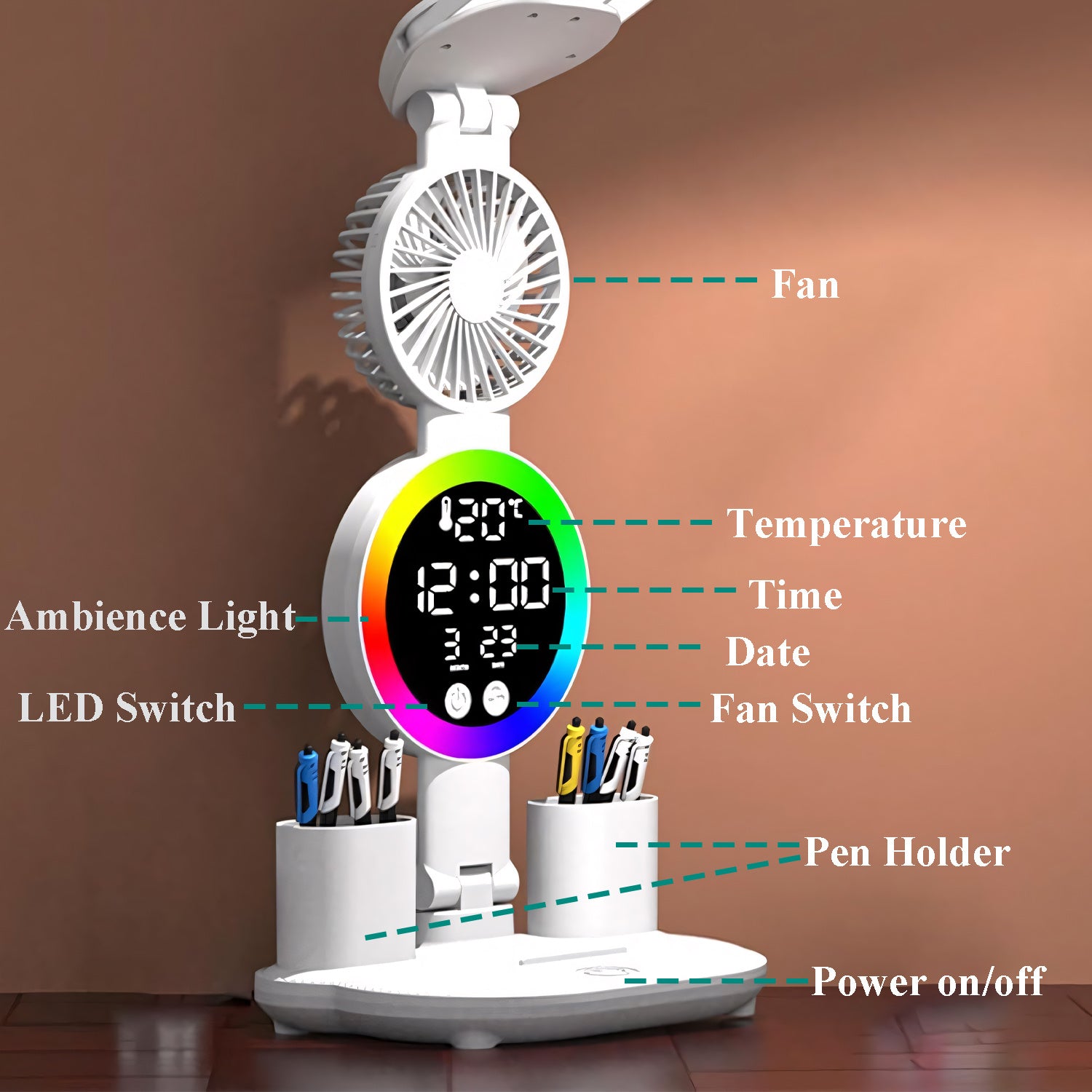 LED Desk Lamp for Study with LED Light, Built-in Fan, Time & Date Display, Temperature Display, Pen Holder Organizer, Touch Control, USB Powered (none rechargable) Multifunction Reading Lamp, Adjustable Brightness Eye-Care Table Lamp