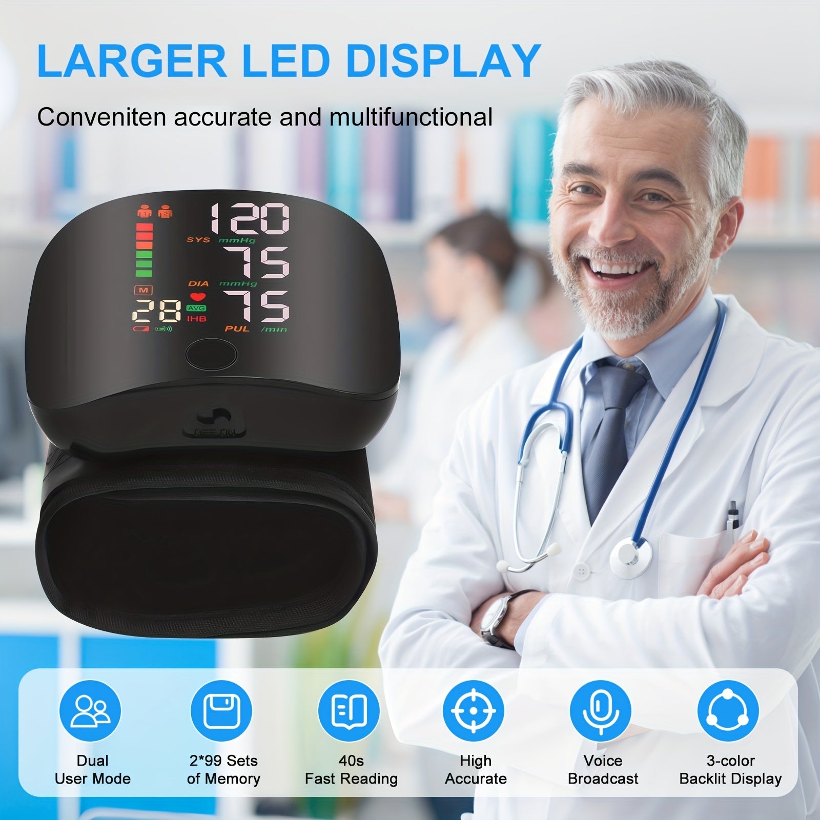 Wrist Blood Pressure Monitor, Rechargeable Monitors for Home Use with Digital Large Display, Voice Broadcast, Blood Pressure Machine, Carrying Case