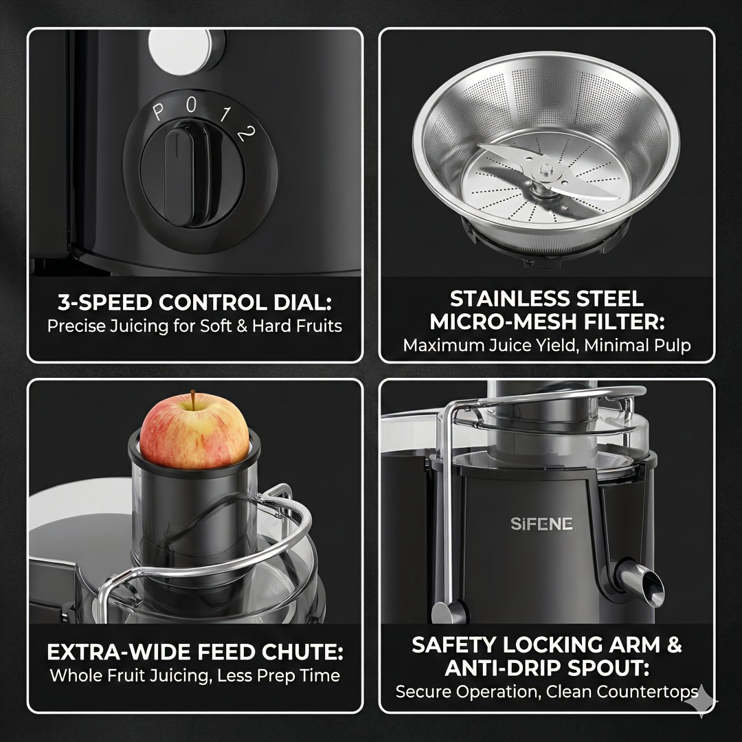 SiFENE Small Stainless Steel Centrifugal Juicer Machine for Fresh Fruit & Vegetable Juices - Easy-Clean, Home Kitchen Essential for Healthy Diets & Fitness Lifestyles, - Perfect for Juices, Sorbet, Milk Shakes, Ice Slushies, and Smoothies, Gray.