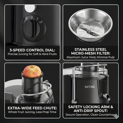 SiFENE Centrifugal Juicer Machine Stainless Steel – Easy-Clean Fresh Fruit & Vegetable Juicer, Smoothies, Milkshakes, Sorbet & Ice Slushies, Compact Home Kitchen Juicer for Healthy Diet | Gray | Canada