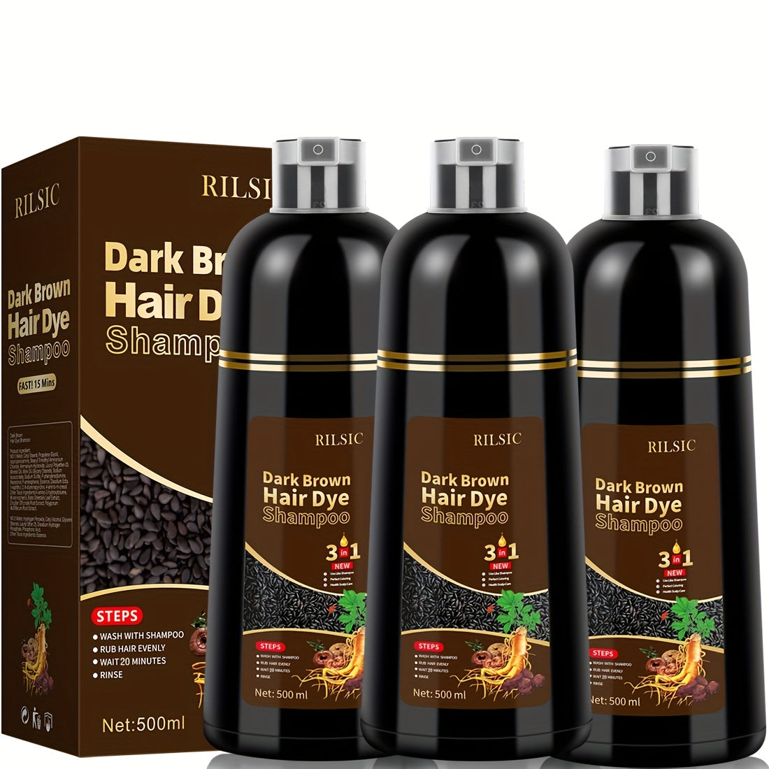 Hair Dye Shampoo for Grey Hair 3-Pack - Herbal Natural 3-in-1 Instant & Long-Lasting Gray Hair Coverage Shampoo for Men & Women, Plant Squalene Formula for All Hair Types