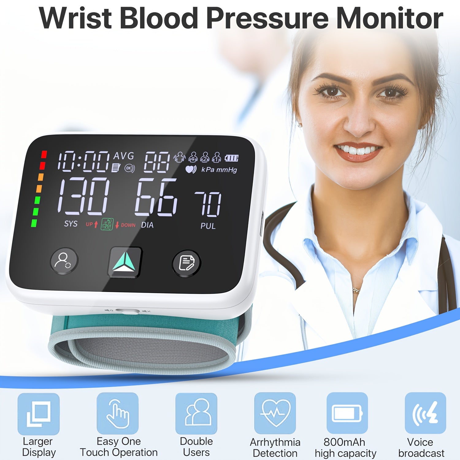 Wrist Blood Pressure Monitor with Voice Broadcast, Dual User Mode 2x120 Memory, LED Color AHA Indicator, 800mAh Rechargeable Battery, Storage Case & Charging Cable Included | ShopVora CA