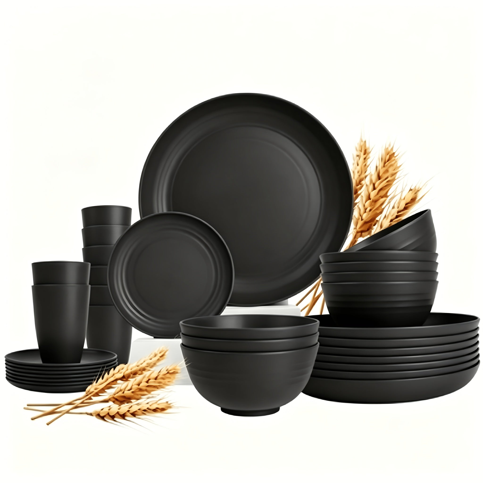 Wheat Straw Dinnerware Set 16 or 32 Piece Unbreakable Dish Set with Plates, Bowls & Cups - Dishwasher Microwave Safe Lightweight Tableware for Camping, Everyday Use & Gifts for Men