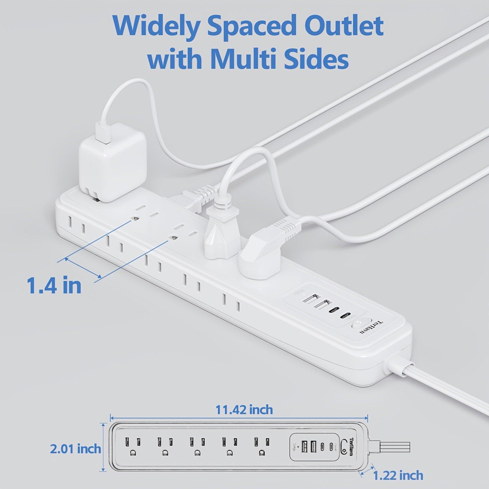 Surge Protector Power Strip 15 Outlets & 4 USB Ports (2 USB-C) – 5FT Flat Plug Extension Cord, 1875W Wall Mount Desktop Charging Station for Home Office & Dorm, White, Canada