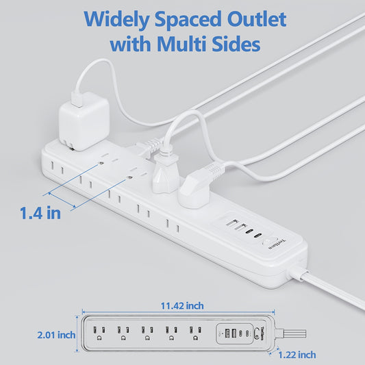 Surge Protector Power Strip with 15 Outlets 4 USB Ports (2 USB C), 5FT Flat Plug Extension Cord, 1875W Wall Mount, Desktop Charging Station for Home Office Dorm, White, Fast Delivery from Local Warehouse