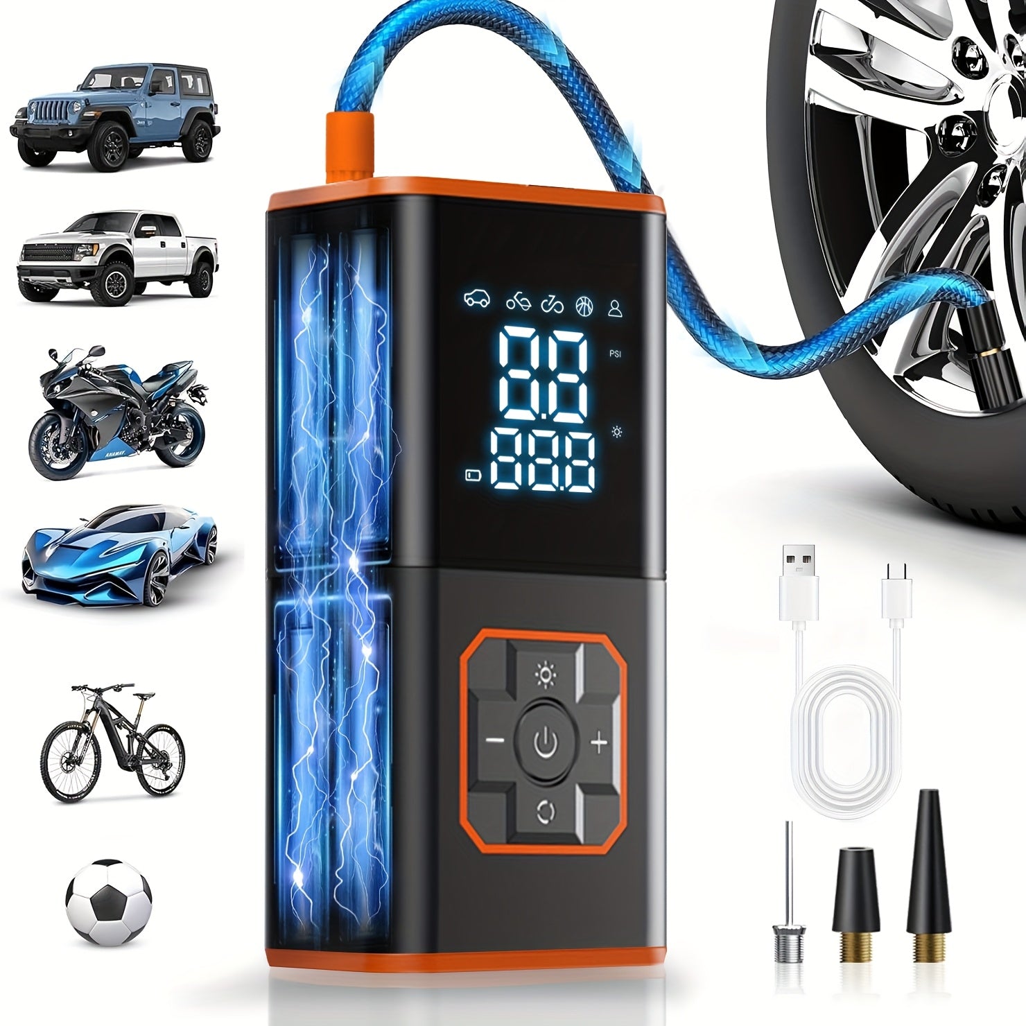 Cordless Tire Inflator 150 PSI Rechargeable 6000mAh with LCD Display, Auto Shut-Off & LED – 3x Faster Inflation for Cars, Bikes & Motorcycles