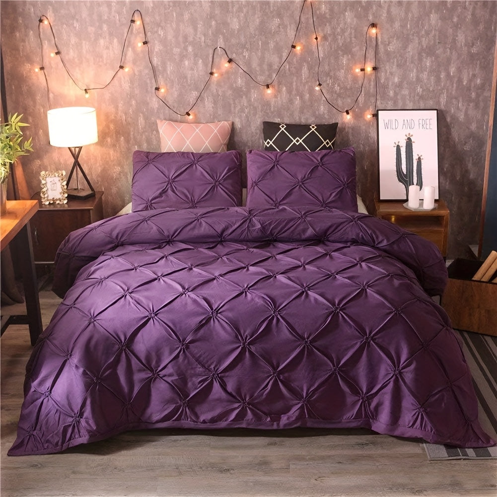 2/3pcs White Duvet Cover Set White Pinch Pleat Bedding Tufted Design Comforter Cover Set, for Men Women Room Decor Solid Geometric Bedspread Cover with 2 Shams (No Comforter), All Season Soft, Festival Birthday Gifts Decoration