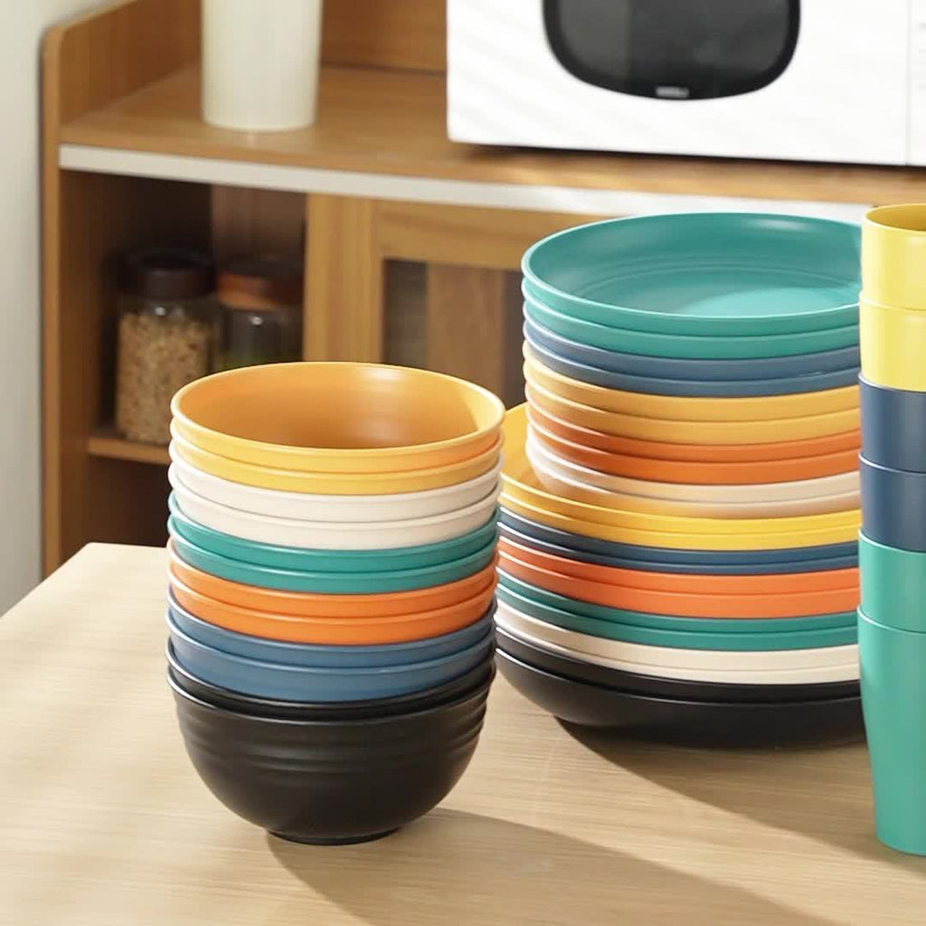 16/32pcs KITCHEN SET Made from Plastic Wheat Straw, Suitable for 4/8 People, Includes Plates, Dessert Plates, Cereal Bowls, And Cups. This Durable Outdoor Camping Tableware Is Perfect for FAMILY GATHERINGS And Birthday Celebrations