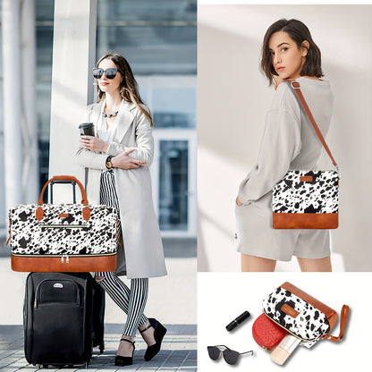 Women's Cow Pattern Duffle Bag Set 3-Piece Oxford Weekender Tote with Shoe Compartment – Large Carry-On Travel Bag for Overnight Trips, Airport & Weekend Getaways | ShopVora CA