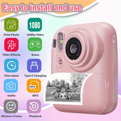 Instant Print Camera 1080P HD – 2.4" Screen, 3 Rolls Print Paper & 32GB SD Card Included, Rechargeable Battery, Type-C Charging, Pink & Blue – Birthday & Christmas Gift for Teens & Adults