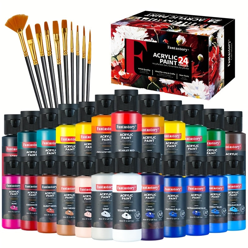 Acrylic Paint Set 24 Colors 2oz/60ml with 12 Brushes – Professional Craft Paint Kit for Adults, Rock, Glass, Wood & Canvas Painting – Art Supplies for Beginners & Artists