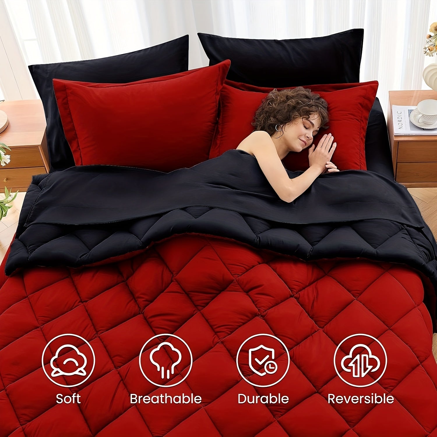 7pcs Comforter Set - Reversible Navy  Bedding, Queen Size Bed Set for All Seasons, Bed In A Bag with Fluffy Polyester Comforter, Sheets, Fitted Sheet, Flat Sheet, Pillowcases And Shams