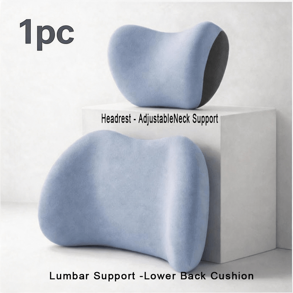 Car Headrest & Lumbar Support Cushion Set – Ergonomic Foam, Breathable Mesh | Black, Grey, Pink, Blue, Brown