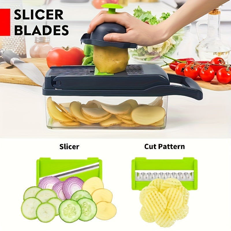 [16-In-1 Vegetable Chopper] Professional Onion Chopper, Multifunctional Food Chopper, Kitchen Vegetable Slicer Dicer, Vegetable Chopper with 8 Blades, Carrot Chopper with Container (Gray)